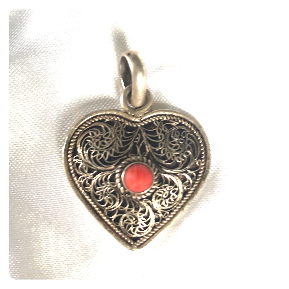 Boho Sterling silver & orange stone heart pendant